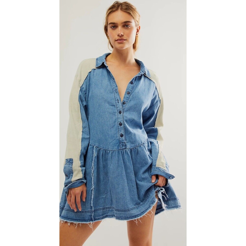 Free People Mini Tunic Dress Women Boho Blue Kenny Denim Vacay Pocket Sz S NWT - Picture 1 of 14